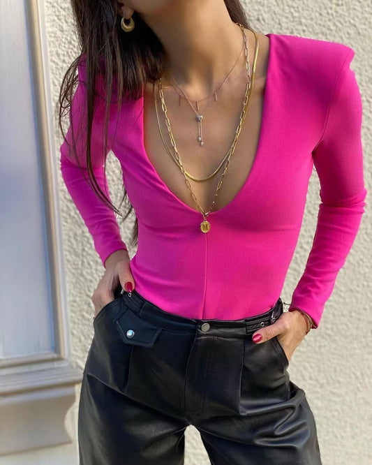 Women Clothing Sexy Four Color Deep V Plunge neck Padded Shoulder Close Fitting Inner Bodysuit