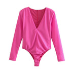 Body interior ajustado con hombros acolchados y escote en V profundo de cuatro colores para mujer