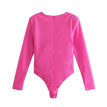 Women Clothing Sexy Four Color Deep V Plunge neck Padded Shoulder Close Fitting Inner Bodysuit