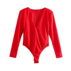 Body interior ajustado con hombros acolchados y escote en V profundo de cuatro colores para mujer