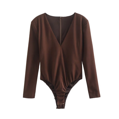 Women Clothing Sexy Four Color Deep V Plunge neck Padded Shoulder Close Fitting Inner Bodysuit