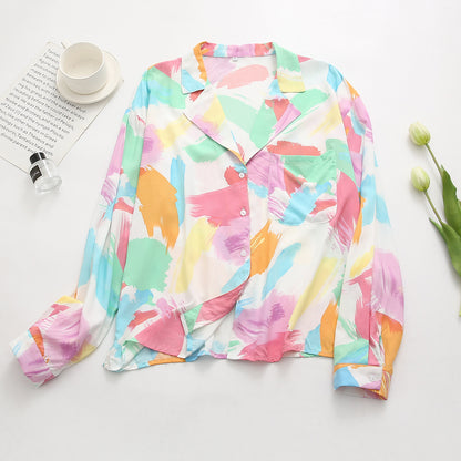 Camisa holgada con estampado de cuello de rayón retro para mujer de verano