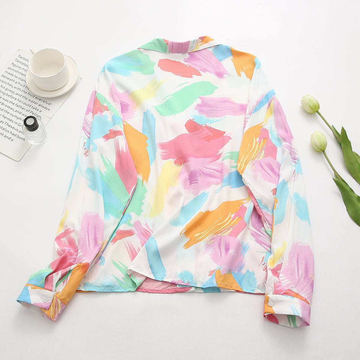 Camisa holgada con estampado de cuello de rayón retro para mujer de verano
