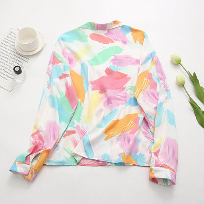 Camisa holgada con estampado de cuello de rayón retro para mujer de verano