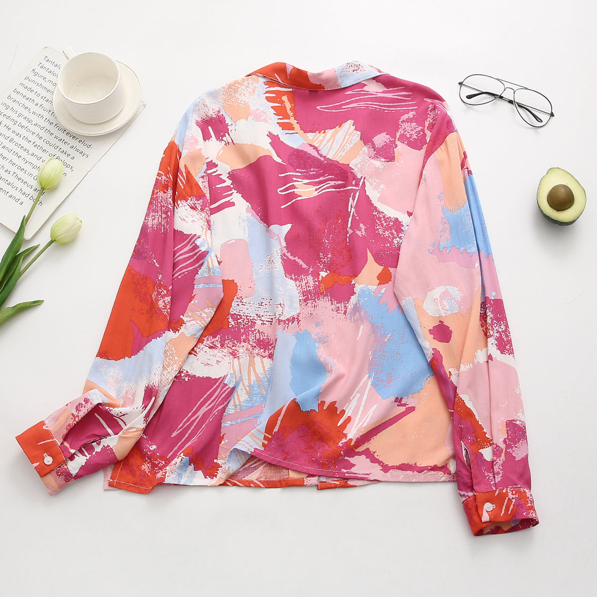 Camisa holgada con estampado de cuello de rayón retro para mujer de verano