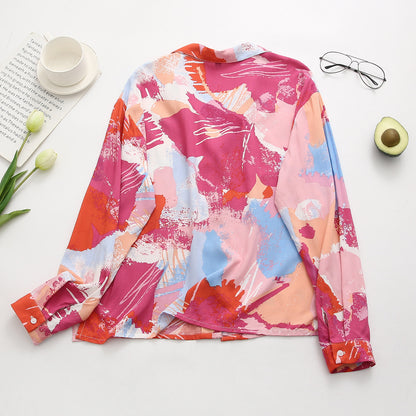 Camisa holgada con estampado de cuello de rayón retro para mujer de verano