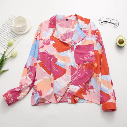 Camisa holgada con estampado de cuello de rayón retro para mujer de verano