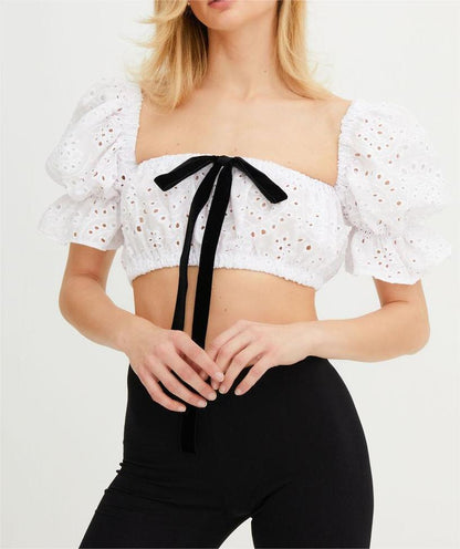 Chaqueta corta de encaje sexy para mujer, camisa de verano con mangas abullonadas, cuello cuadrado y espalda descubierta, dulce y puro deseo