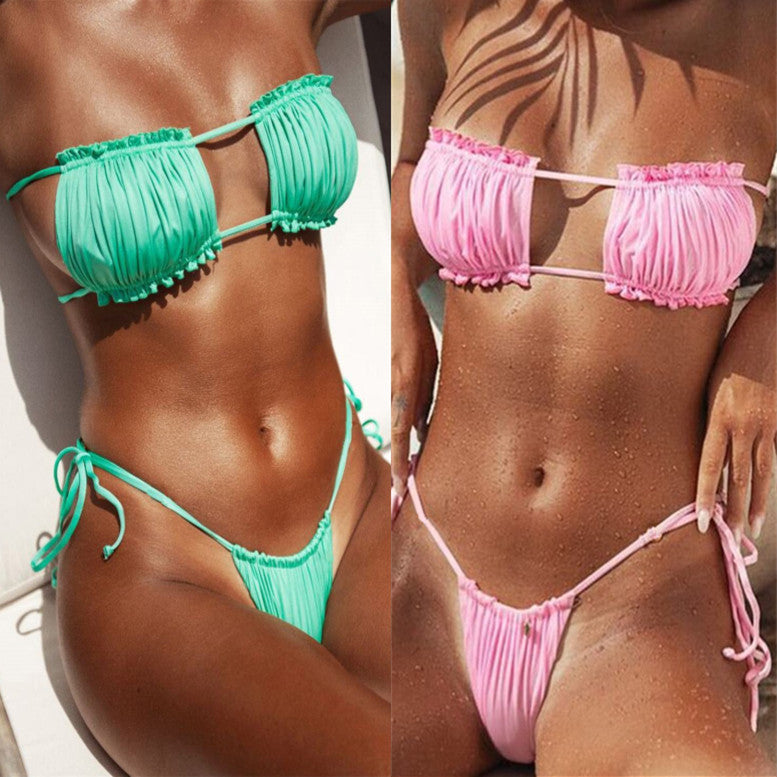Traje de baño sexy plisado con aberturas y bikini recortado