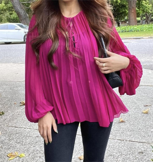 Fall Women Clothing Round Neck V Neck Lace Up Pleated Long Sleeve Loose Pullover Top