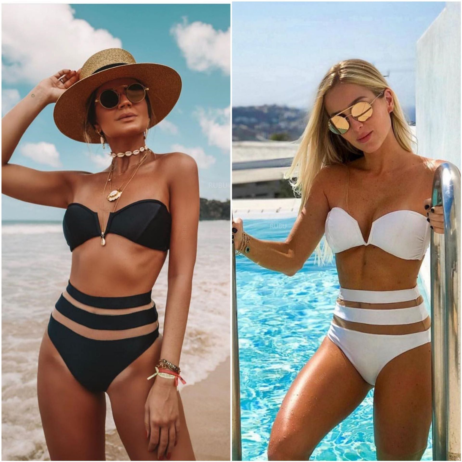 Traje de baño 4Split con escote en V y costuras de malla, bikini sexy de cintura alta.