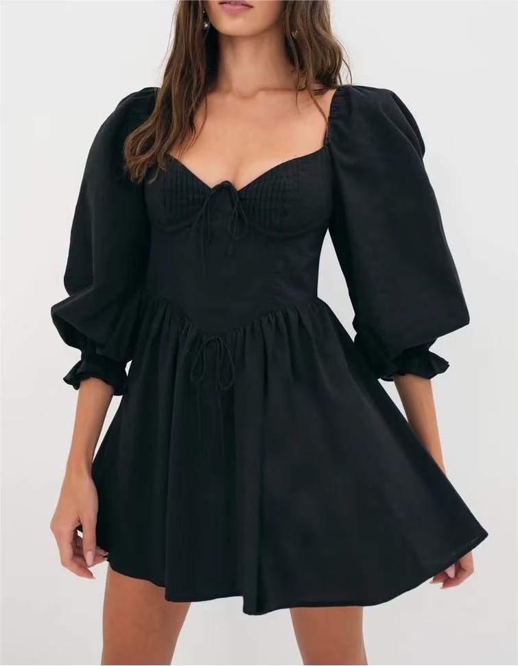 Winter French Three Dimensional Steel Trap Chest Shaping Collared Lantern Sleeve Pleated Dress Princess Dress TinkleBell