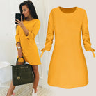 Spring Summer Autumn Solid Color Dress Casual O neck Dress Lace up RealGirl