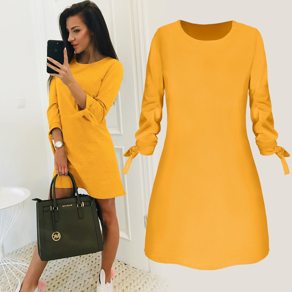 Spring Summer Autumn Solid Color Dress Casual O neck Dress Lace up RealGirl