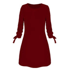 Spring Summer Autumn Solid Color Dress Casual O neck Dress Lace up RealGirl