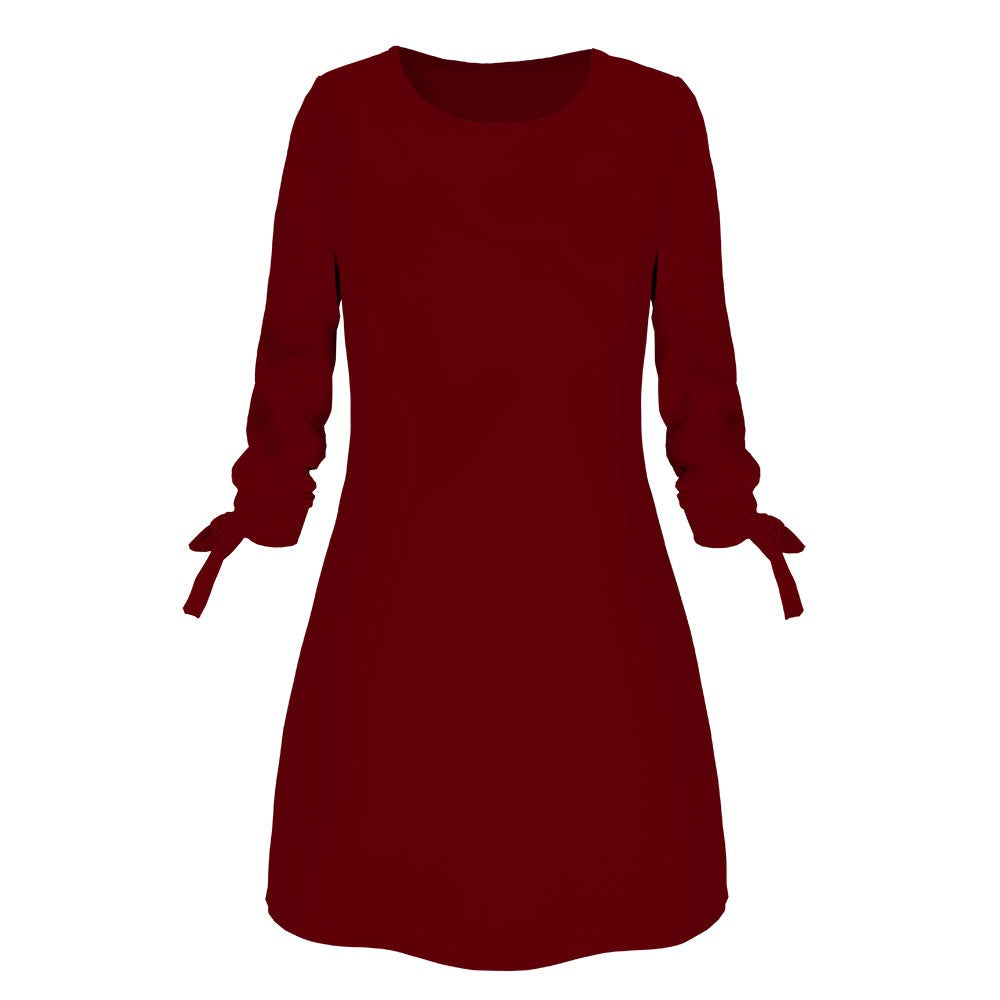 Spring Summer Autumn Solid Color Dress Casual O neck Dress Lace up RealGirl