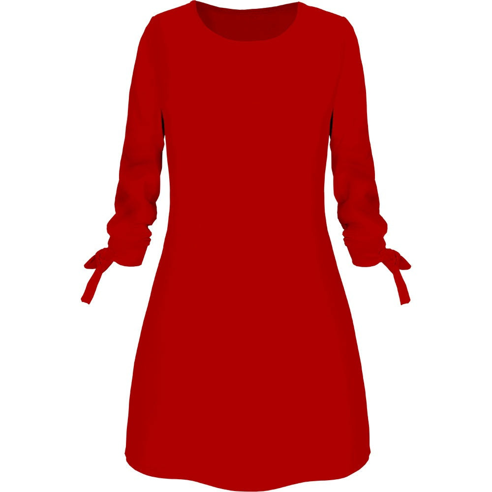 Spring Summer Autumn Solid Color Dress Casual O neck Dress Lace up RealGirl