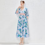 V Neck Daily Elegant Spring Summer Fall Bubble Sleeve Printed Regular Printed Floral Waist A Line Maxi Dress MEGIRL