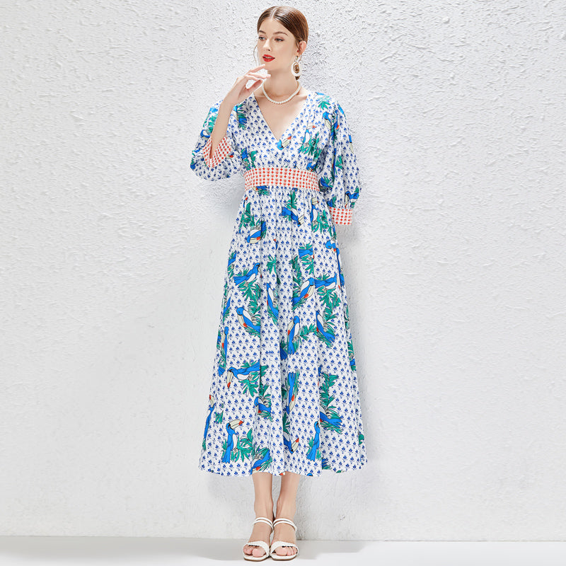 V Neck Daily Elegant Spring Summer Fall Bubble Sleeve Printed Regular Printed Floral Waist A Line Maxi Dress MEGIRL