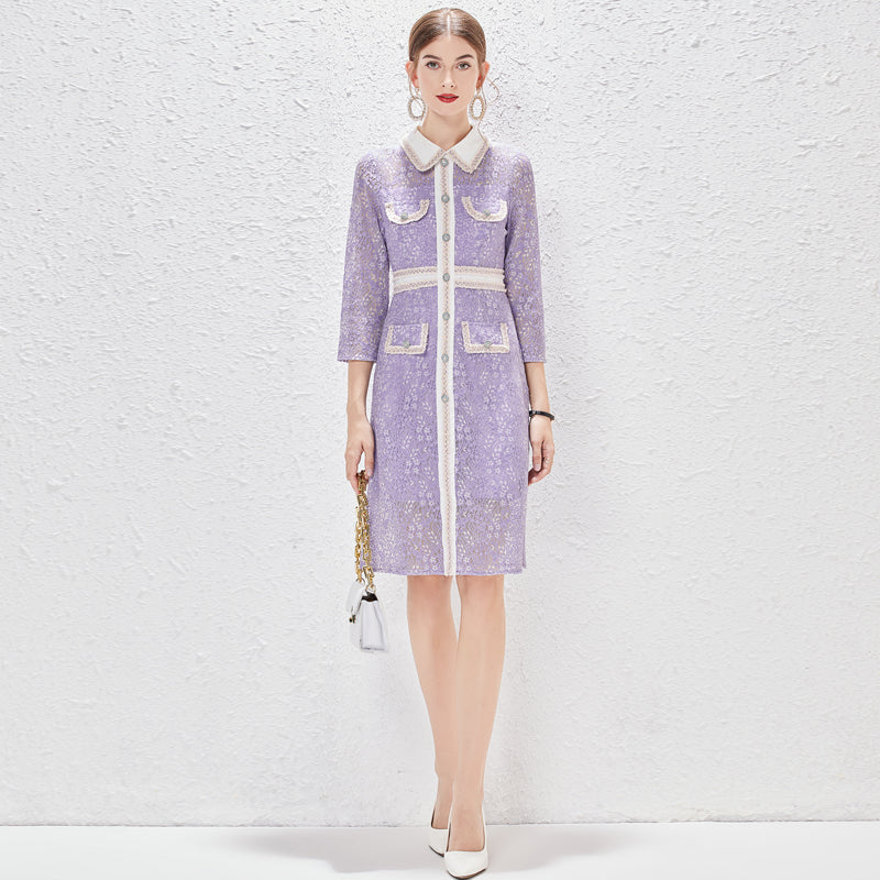 Spring Summer Fall Daily Elegant Regular Lace Tulle Fishnet Patchwork A Line Knee Dress MEGIRL