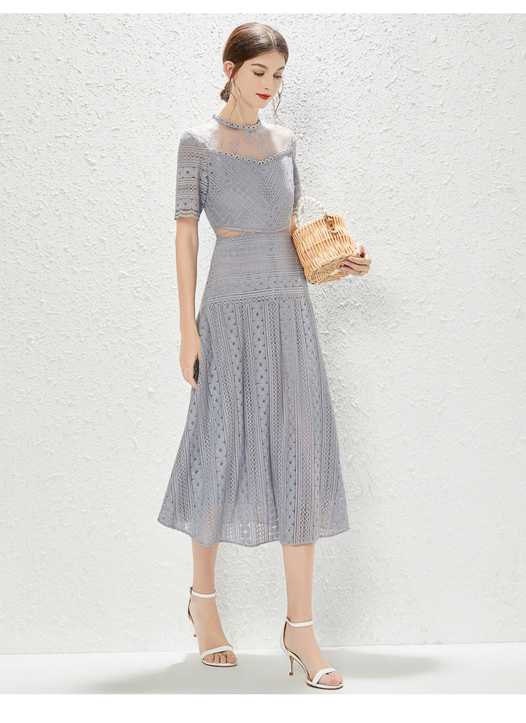 New Perspective Lace Heavy Industry Hollow out Waist Wide Swing Princess Style Dress MEGIRL