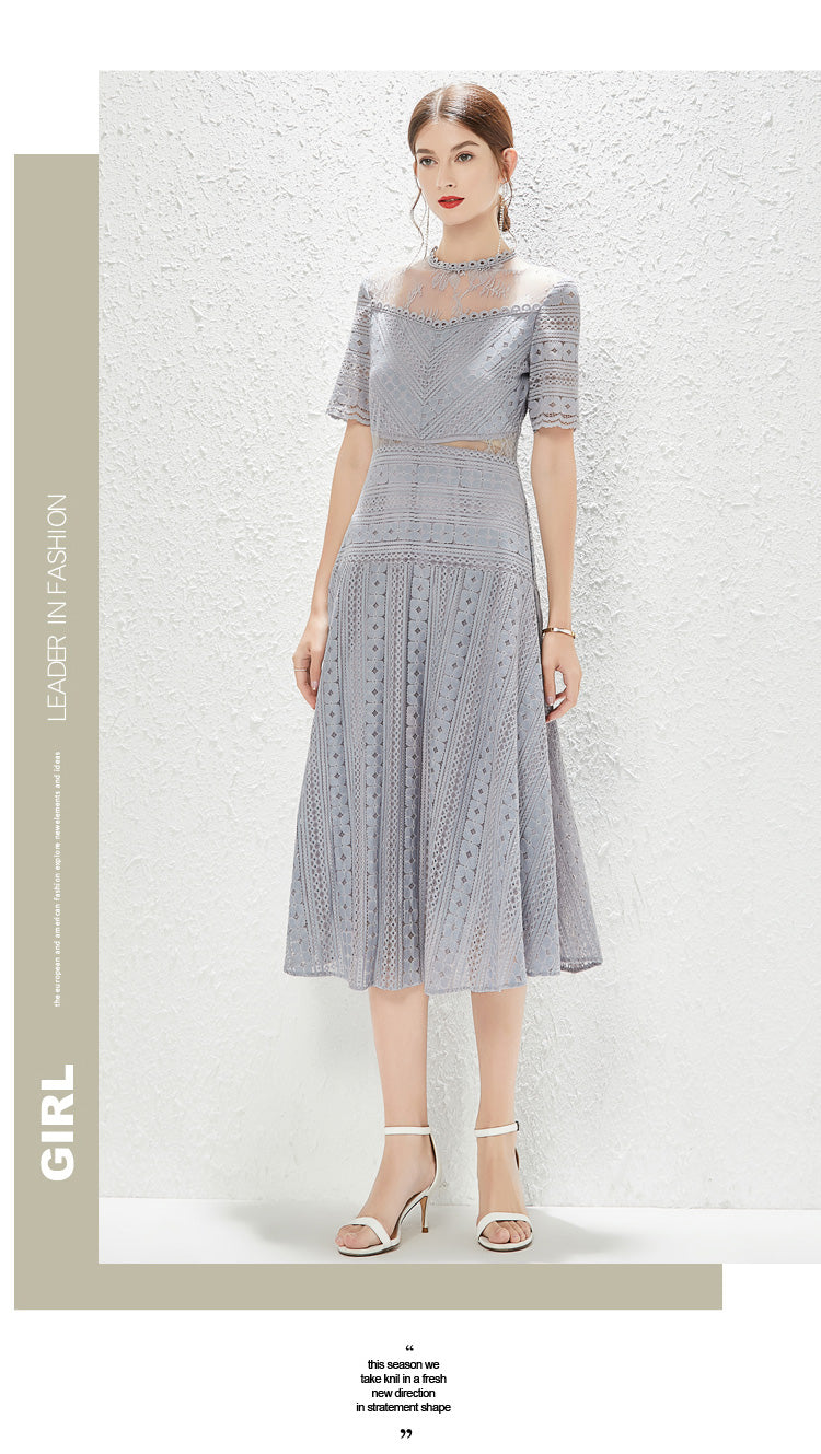 New Perspective Lace Heavy Industry Hollow out Waist Wide Swing Princess Style Dress MEGIRL