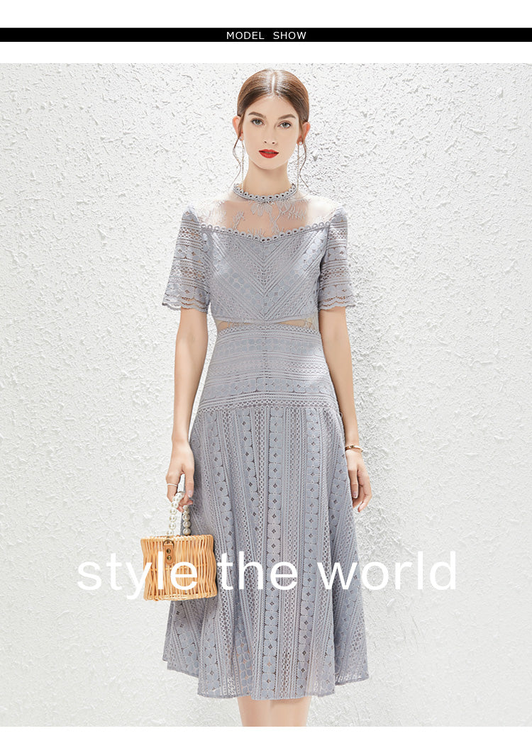 New Perspective Lace Heavy Industry Hollow out Waist Wide Swing Princess Style Dress MEGIRL
