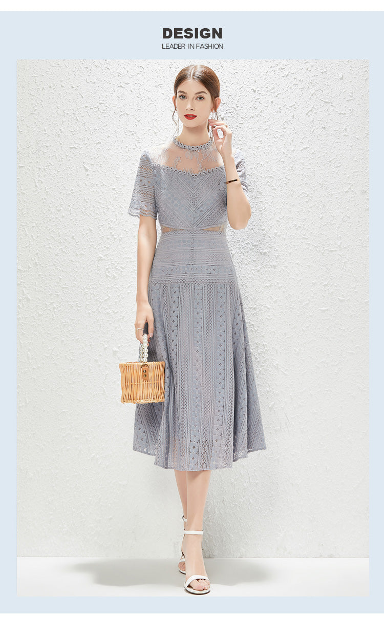 New Perspective Lace Heavy Industry Hollow out Waist Wide Swing Princess Style Dress MEGIRL