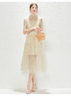 New Heavy Industry Embroidery Lace Lapel Waist Mesh Dress MEGIRL