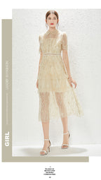 New Heavy Industry Embroidery Lace Lapel Waist Mesh Dress MEGIRL