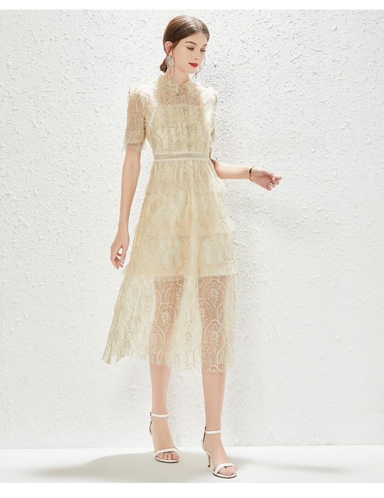 New Heavy Industry Embroidery Lace Lapel Waist Mesh Dress MEGIRL