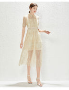 New Heavy Industry Embroidery Lace Lapel Waist Mesh Dress MEGIRL