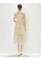 New Heavy Industry Embroidery Lace Lapel Waist Mesh Dress MEGIRL