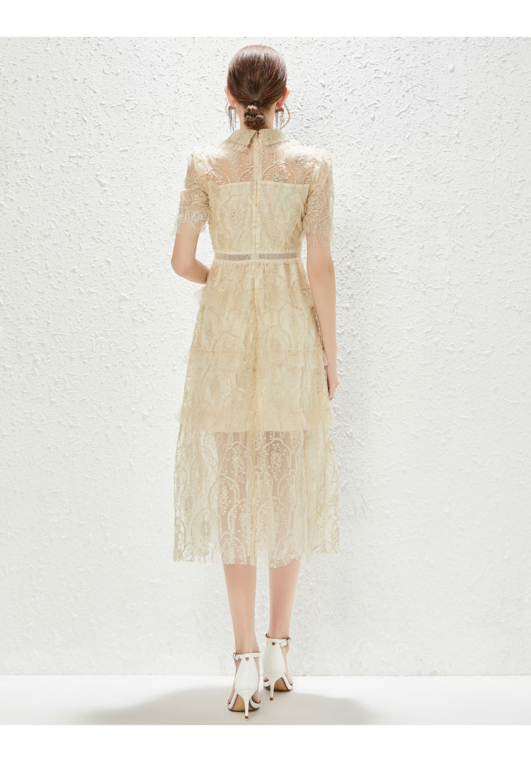 New Heavy Industry Embroidery Lace Lapel Waist Mesh Dress MEGIRL