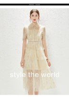 New Heavy Industry Embroidery Lace Lapel Waist Mesh Dress MEGIRL