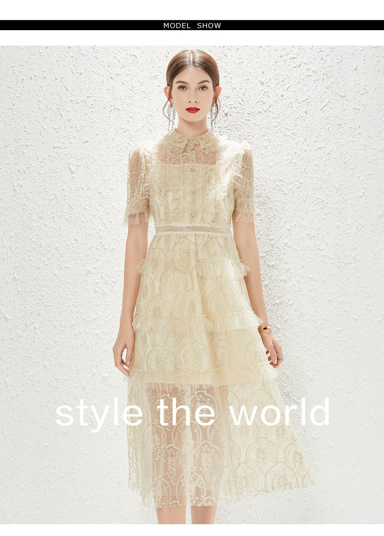 New Heavy Industry Embroidery Lace Lapel Waist Mesh Dress MEGIRL