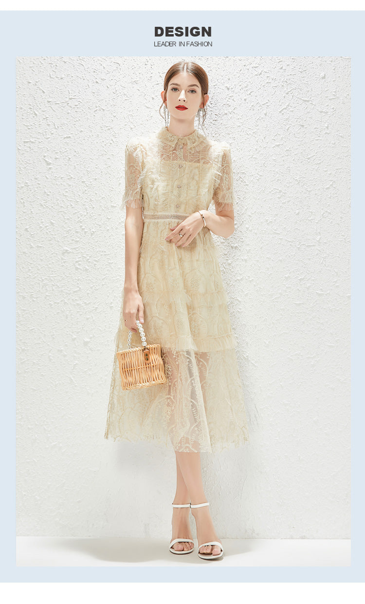 New Heavy Industry Embroidery Lace Lapel Waist Mesh Dress MEGIRL