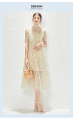 New Heavy Industry Embroidery Lace Lapel Waist Mesh Dress MEGIRL