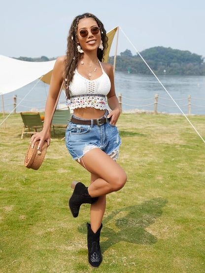 Women Summer Crop Sexy Solid Crochet Fringe Tie Halter Camis Crochet hook