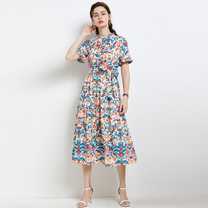 Daily Summer Elegant New Women Slim Regular Belted Floral A Line Max Dress MEGIRL