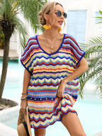 Summer Vacation Seaside Stitching Multicolor Cutout Beach Swimsuit Blouse Women