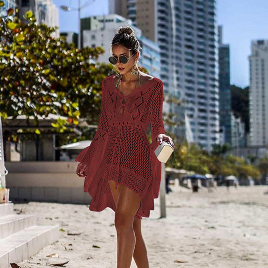 Women Clothing Irregular Asymmetric Deep V Plunge Sexy Bell Sleeve Hollow Out Cutout Woven Beach Overclothes Dress