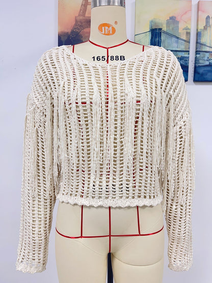 Spring Summer Knitted Women Tassel Hollow Out Solid Color Bikini Beach Cover up Women Knitwear