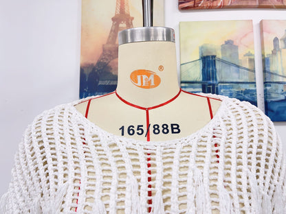Spring Summer Knitted Women Tassel Hollow Out Solid Color Bikini Beach Cover up Women Knitwear