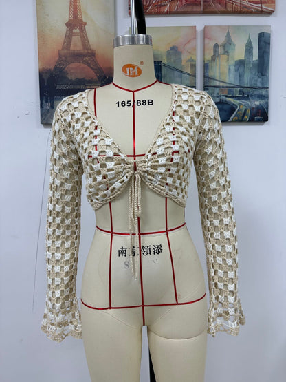 Spring Summer Knitted Women Hand Crocheting Blouse Hollow Out Bikini Beach Cover up Women Knitwear