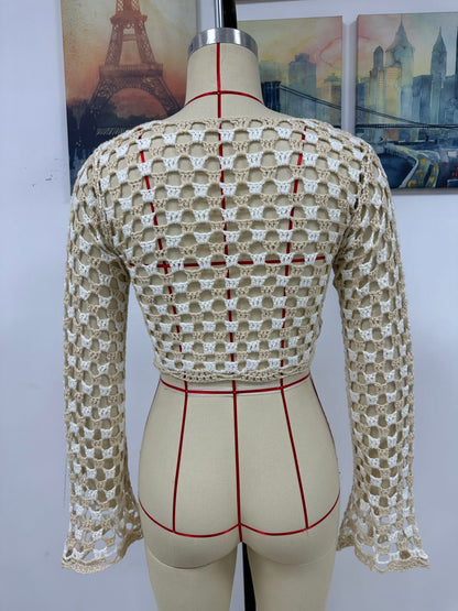 Spring Summer Knitted Women Hand Crocheting Blouse Hollow Out Bikini Beach Cover up Women Knitwear