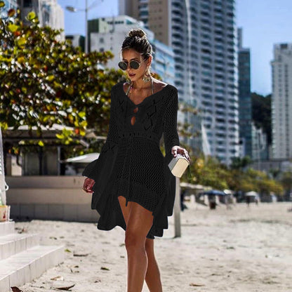 Women Clothing Irregular Asymmetric Deep V Plunge Sexy Bell Sleeve Hollow Out Cutout Woven Beach Overclothes Dress