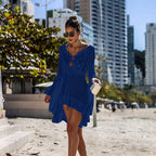 Women Clothing Irregular Asymmetric Deep V Plunge Sexy Bell Sleeve Hollow Out Cutout Woven Beach Overclothes Dress Oyimi