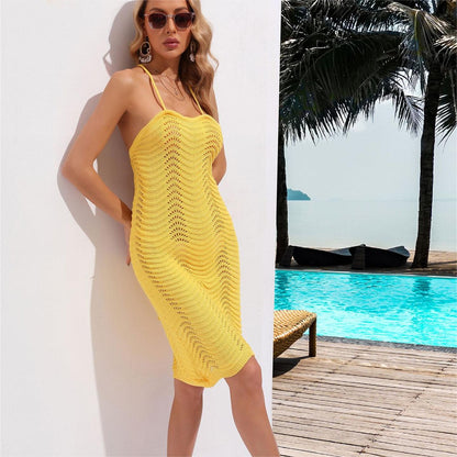 Summer Beach Sexy Backless Blouse Vest Halter Knitted Holiday Dress Smock Dress Women
