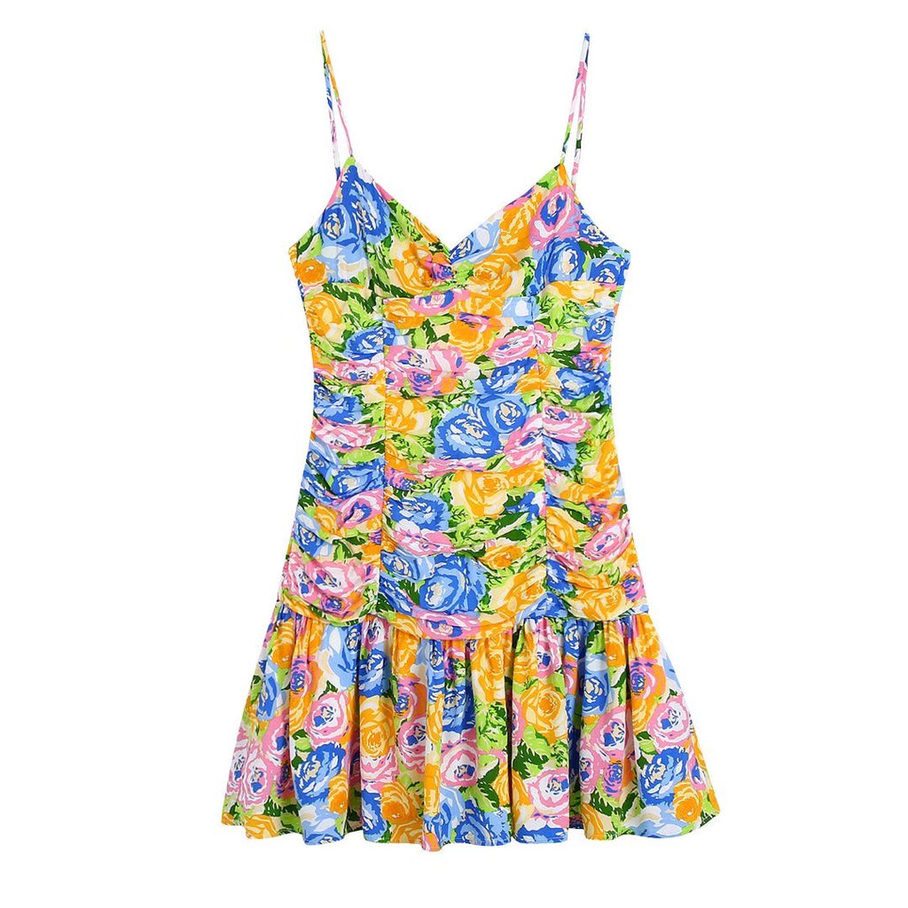Summer Small Fresh V neck Yellow Printings Pleated Dress for Women Shell